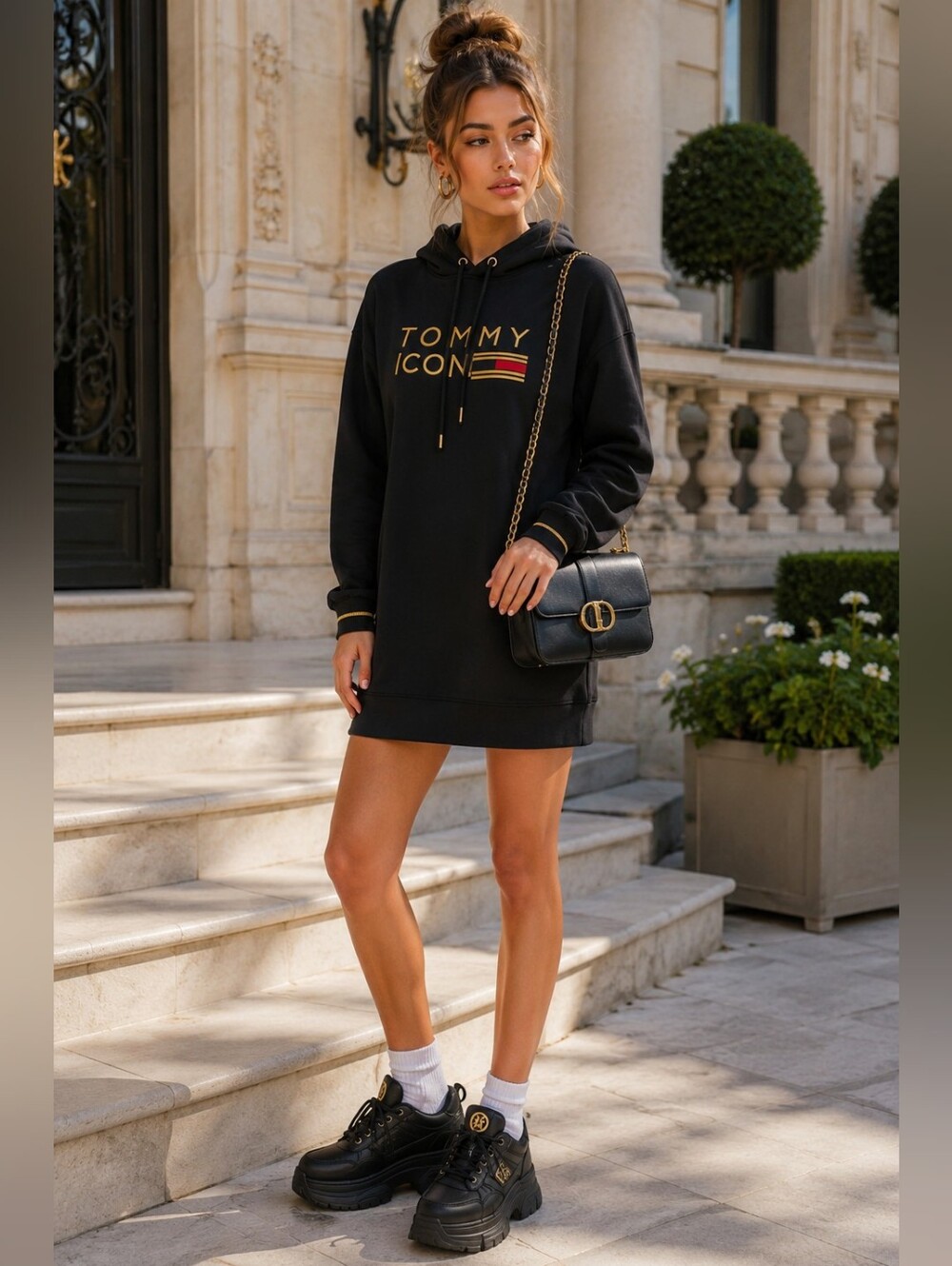 Tommy Hilfiger Black Fleece Dress with Gold Accents